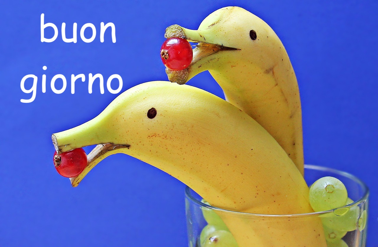 due banane simpatiche con un lampone rosse in bocca augurano buongiorno